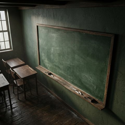 Soft 3d render of a blank green chalkboard in a classroom, high-angle view from above, moody dark tones, dramatic lighting, 1:1 aspect ratio