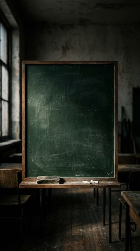 Cinematic film still of a blank green chalkboard in a classroom, centered subject with a simple uncluttered composition, moody dark tones, dramatic lighting, 9:16 aspect ratio