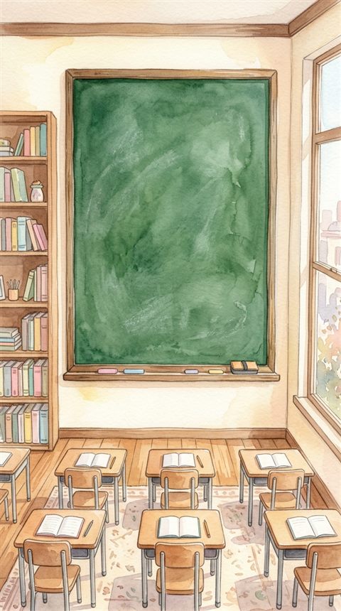 Watercolor illustration of a blank green chalkboard in a classroom, high-angle view from above, soft pastel colors, bright and cozy, 9:16 aspect ratio