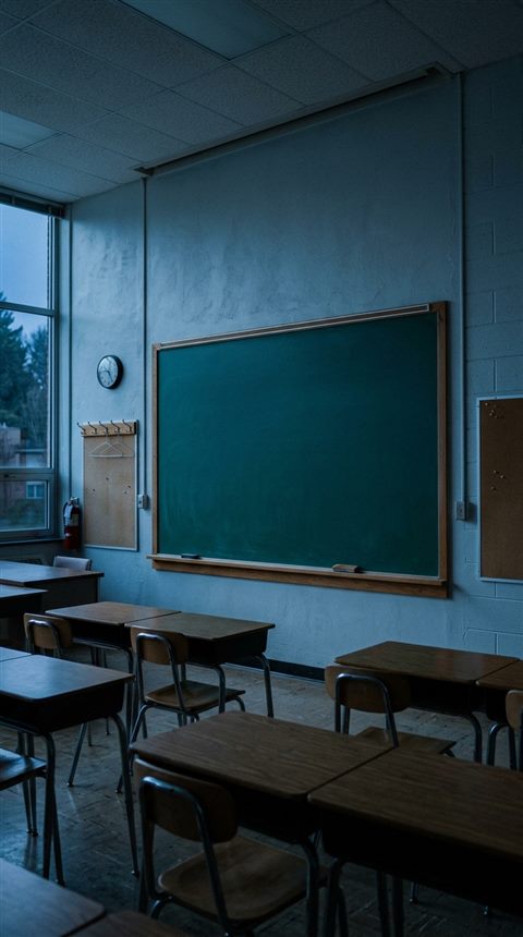 Cinematic film still of a blank green chalkboard in a classroom, wide shot with open space at the top for text, cool blue tones, quiet atmosphere, 9:16 aspect ratio