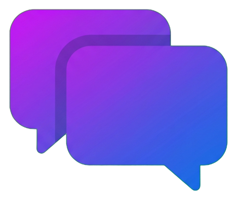 Gradient app-style icon, purple to blue gradient of two overlapping chat bubbles icon, transparent background PNG
