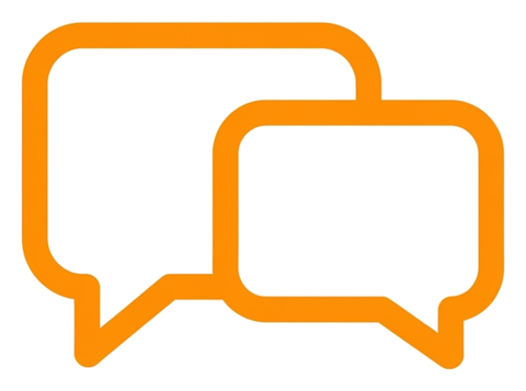 Rounded line icon, thick orange outline of two overlapping chat bubbles icon, transparent background PNG