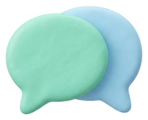 Soft 3D icon, pastel clay render of two overlapping chat bubbles icon, transparent background PNG