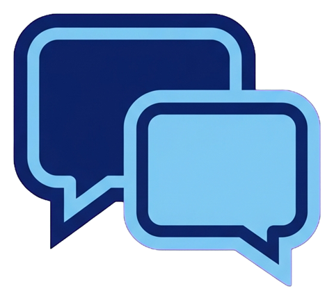 Duotone icon, navy blue and light blue of two overlapping chat bubbles icon, transparent background PNG