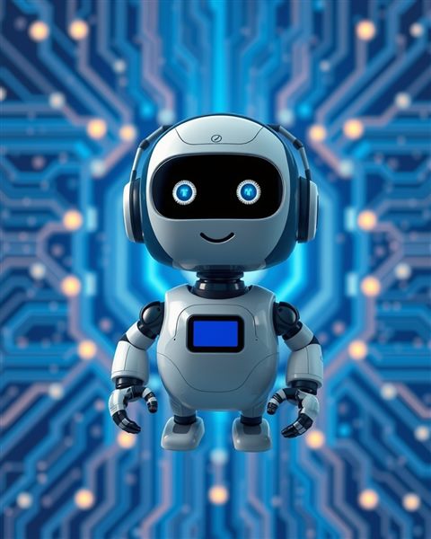 Cinematic film still of A friendly futuristic digital assistant robot icon floating against a modern blue technological circuit background., centered subject with a simple uncluttered composition, vivid colors, high contrast, energetic, 4:5 aspect ratio