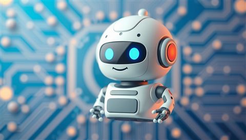 Minimal flat illustration of A friendly futuristic digital assistant robot icon floating against a modern blue technological circuit background., close-up detail with shallow depth of field, soft pastel colors, bright and cozy, 16:9 aspect ratio