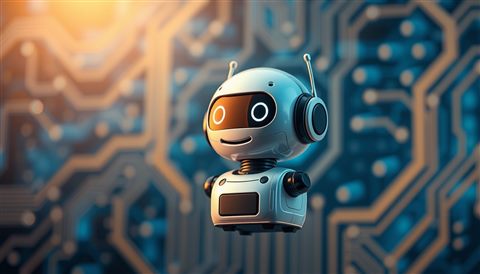 Photorealistic photo of A friendly futuristic digital assistant robot icon floating against a modern blue technological circuit background., close-up detail with shallow depth of field, warm golden light, calm mood, 16:9 aspect ratio