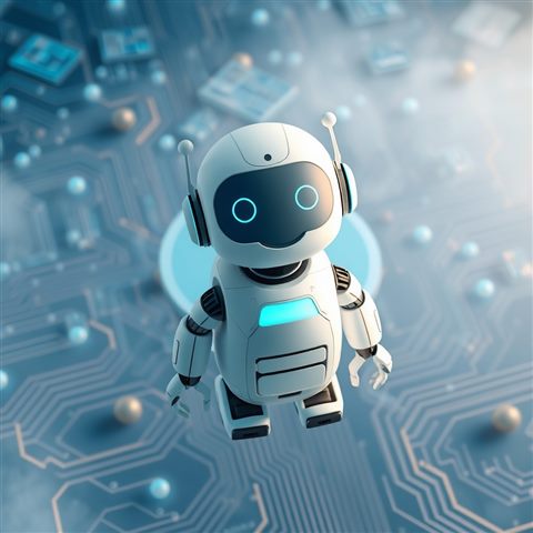 Soft 3D render of A friendly futuristic digital assistant robot icon floating against a modern blue technological circuit background., high-angle view from above, misty morning haze, dreamy, 1:1 aspect ratio