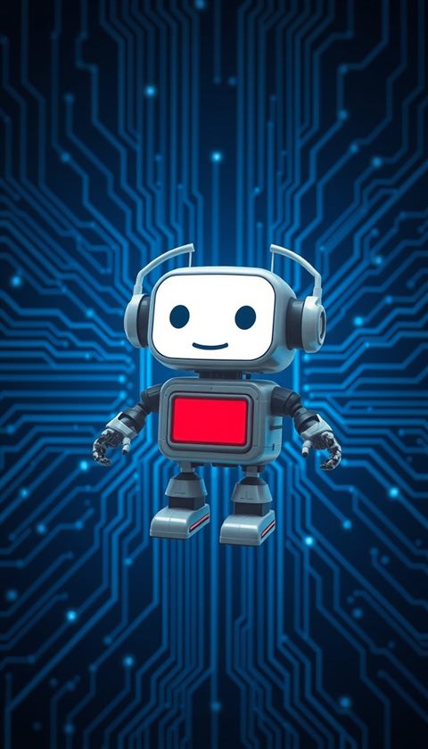 Photorealistic photo of A friendly futuristic digital assistant robot icon floating against a modern blue technological circuit background., wide shot with open space at the top for text, moody dark tones, dramatic lighting, 9:16 aspect ratio