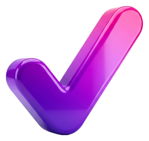 Glossy 3D render, purple and pink gradient of a check mark symbol, transparent background PNG