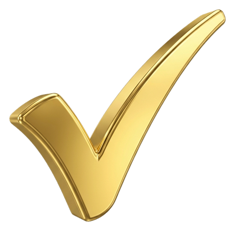 Shiny 3D render, gold metallic finish of a check mark symbol, transparent background PNG