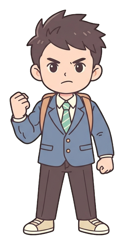 Simple cute flat cartoon illustration with soft pastel colors and thin clean dark outlines of a high school boy, student clenching a fist with a determined face, ready for an exam, transparent background PNG