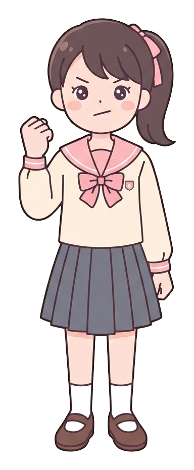 Simple cute flat cartoon illustration with soft pastel colors and thin clean dark outlines of a high school girl, student clenching a fist with a determined face, ready for an exam, transparent background PNG