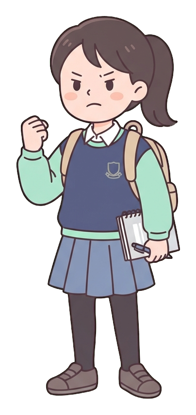Simple cute flat cartoon illustration with soft pastel colors and thin clean dark outlines of a university student woman, student clenching a fist with a determined face, ready for an exam, transparent background PNG
