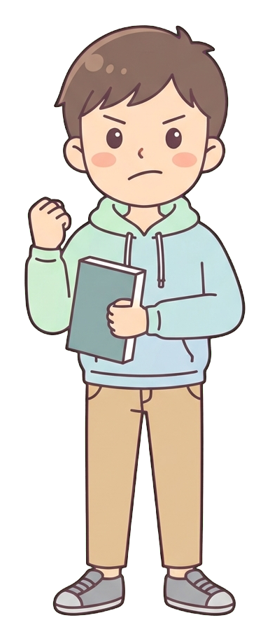 Simple cute flat cartoon illustration with soft pastel colors and thin clean dark outlines of a university student man, student clenching a fist with a determined face, ready for an exam, transparent background PNG