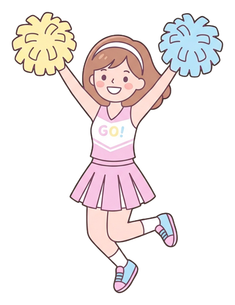 Simple cute flat cartoon illustration with soft pastel colors and thin clean dark outlines of a young woman, person cheering with pom-poms, transparent background PNG