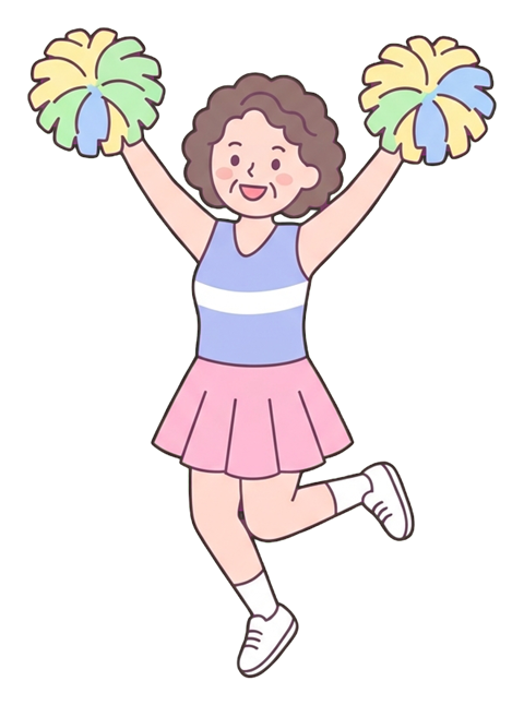 Simple cute flat cartoon illustration with soft pastel colors and thin clean dark outlines of a middle-aged woman, person cheering with pom-poms, transparent background PNG
