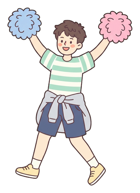 Simple cute flat cartoon illustration with soft pastel colors and thin clean dark outlines of a young man, person cheering with pom-poms, transparent background PNG