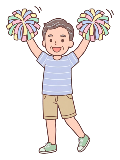 Simple cute flat cartoon illustration with soft pastel colors and thin clean dark outlines of a middle-aged man, person cheering with pom-poms, transparent background PNG