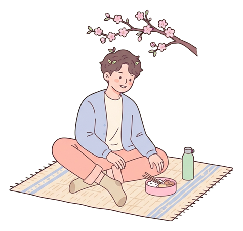 Simple cute flat cartoon illustration with soft pastel colors and thin clean dark outlines of a young man, person sitting on a picnic mat under a small cherry blossom branch, transparent background PNG