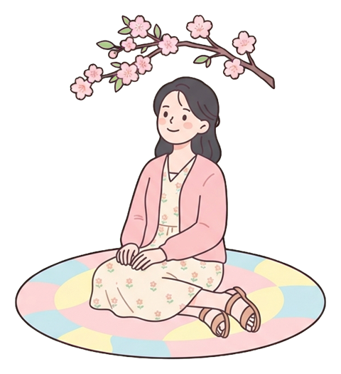 Simple cute flat cartoon illustration with soft pastel colors and thin clean dark outlines of a young woman, person sitting on a picnic mat under a small cherry blossom branch, transparent background PNG