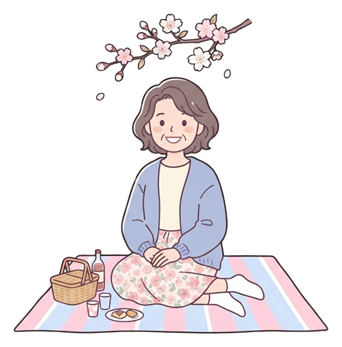 Simple cute flat cartoon illustration with soft pastel colors and thin clean dark outlines of a middle-aged woman, person sitting on a picnic mat under a small cherry blossom branch, transparent background PNG