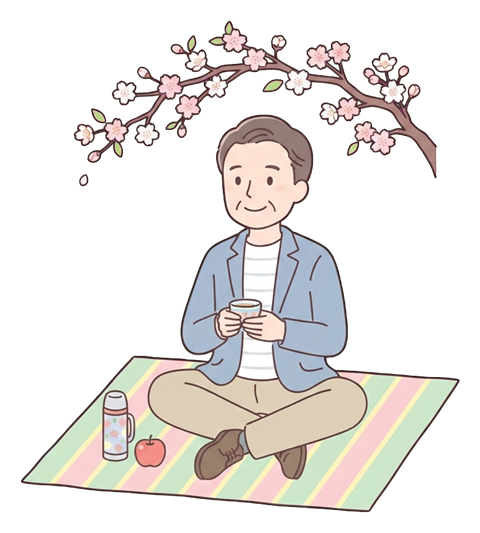 Simple cute flat cartoon illustration with soft pastel colors and thin clean dark outlines of a middle-aged man, person sitting on a picnic mat under a small cherry blossom branch, transparent background PNG