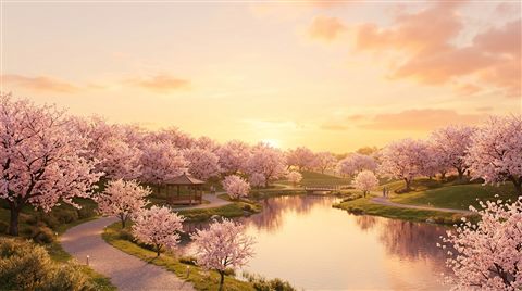 Soft 3d render of cherry blossom trees in full bloom, wide shot with open space at the top for text, warm golden light, calm mood, 16:9 aspect ratio