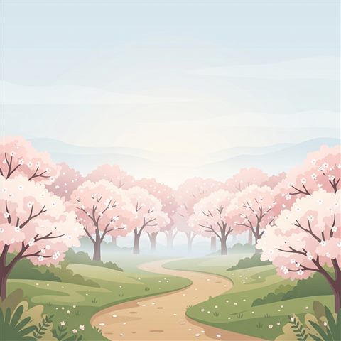 Minimal flat illustration of cherry blossom trees in full bloom, wide shot with open space at the top for text, misty morning haze, dreamy, 1:1 aspect ratio