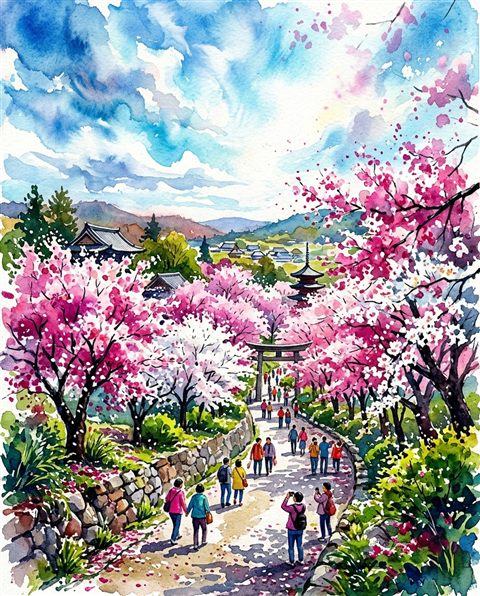 Watercolor illustration of cherry blossom trees in full bloom, wide shot with open space at the top for text, vivid colors, high contrast, energetic, 4:5 aspect ratio