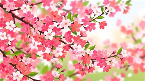 Minimal flat illustration of cherry blossom trees in full bloom, close-up detail with shallow depth of field, vivid colors, high contrast, energetic, 16:9 aspect ratio