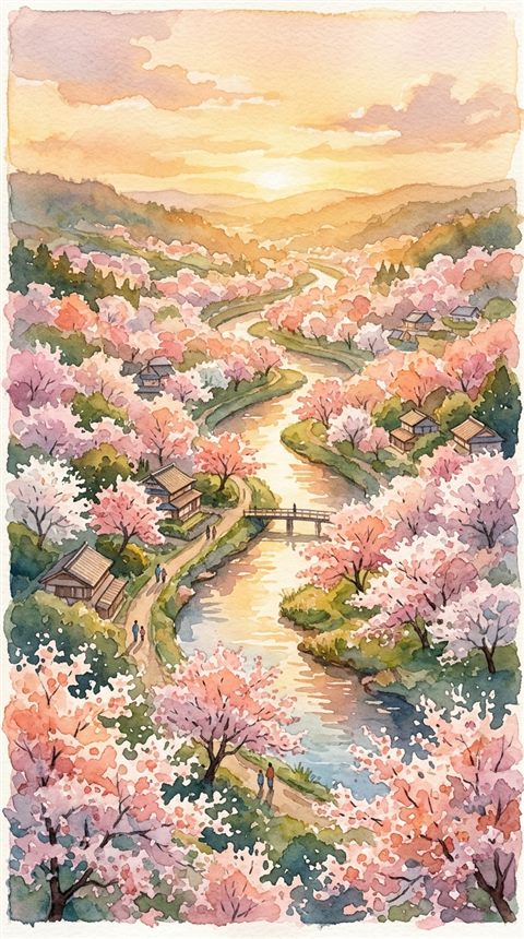Watercolor illustration of cherry blossom trees in full bloom, high-angle view from above, warm golden light, calm mood, 9:16 aspect ratio