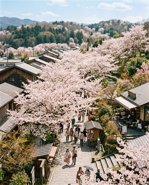 Cinematic film still of cherry blossom trees in full bloom, high-angle view from above, soft pastel colors, bright and cozy, 4:5 aspect ratio