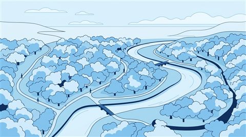 Minimal flat illustration of cherry blossom trees in full bloom, high-angle view from above, cool blue tones, quiet atmosphere, 16:9 aspect ratio
