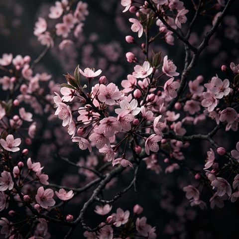 Soft 3d render of cherry blossom trees in full bloom, close-up detail with shallow depth of field, moody dark tones, dramatic lighting, 1:1 aspect ratio