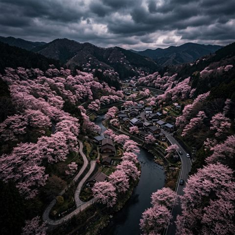 Photorealistic photo of cherry blossom trees in full bloom, high-angle view from above, moody dark tones, dramatic lighting, 1:1 aspect ratio