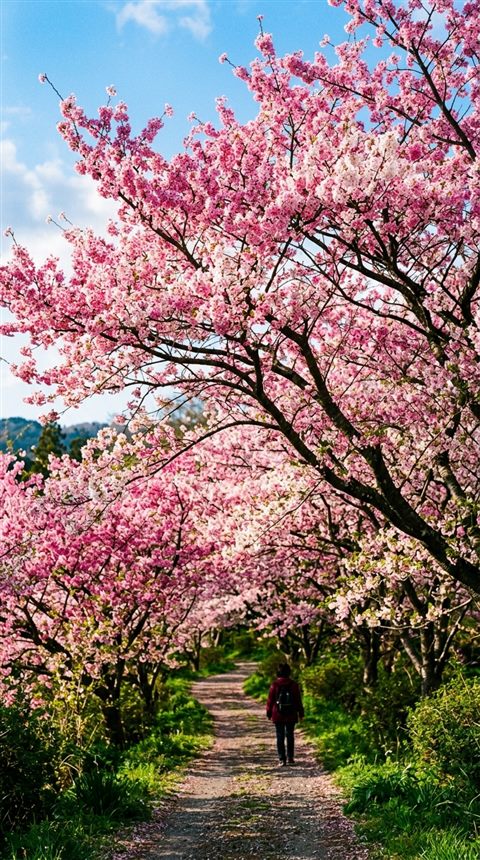 Cinematic film still of cherry blossom trees in full bloom, centered subject with a simple uncluttered composition, vivid colors, high contrast, energetic, 9:16 aspect ratio