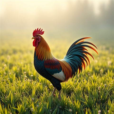 Soft 3D render of A majestic rooster with glossy colorful plumage standing proudly in a sunlit green meadow., high-angle view from above, misty morning haze, dreamy, 1:1 aspect ratio
