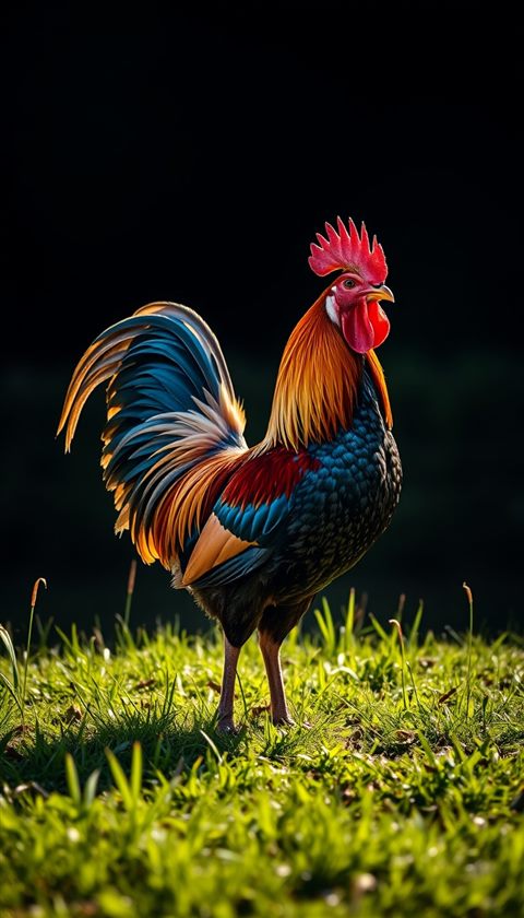 Photorealistic photo of A majestic rooster with glossy colorful plumage standing proudly in a sunlit green meadow., wide shot with open space at the top for text, moody dark tones, dramatic lighting, 9:16 aspect ratio