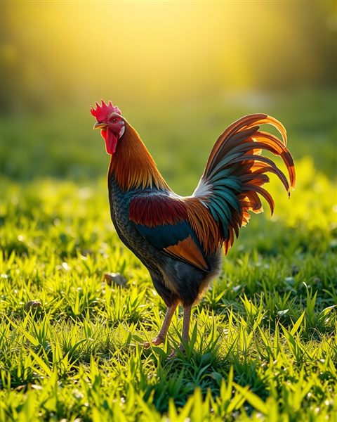 Cinematic film still of A majestic rooster with glossy colorful plumage standing proudly in a sunlit green meadow., centered subject with a simple uncluttered composition, vivid colors, high contrast, energetic, 4:5 aspect ratio