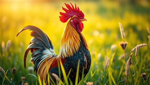 Photorealistic photo of A majestic rooster with glossy colorful plumage standing proudly in a sunlit green meadow., close-up detail with shallow depth of field, warm golden light, calm mood, 16:9 aspect ratio