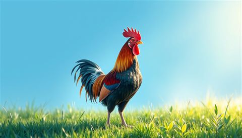 Watercolor illustration of A majestic rooster with glossy colorful plumage standing proudly in a sunlit green meadow., wide shot with open space at the top for text, cool blue tones, quiet atmosphere, 16:9 aspect ratio