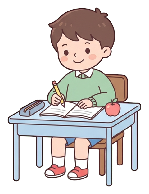 Simple cute flat cartoon illustration with soft pastel colors and thin clean dark outlines of a little boy, child doing homework at a small desk with a pencil, transparent background PNG