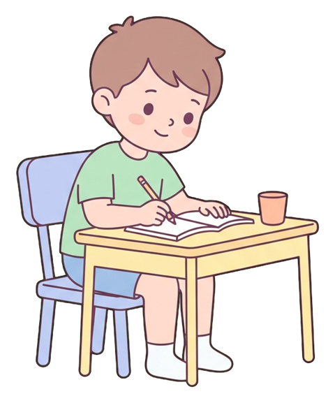 Simple cute flat cartoon illustration with soft pastel colors and thin clean dark outlines of a little boy, child doing homework at a small desk with a pencil, transparent background PNG