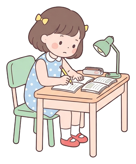 Simple cute flat cartoon illustration with soft pastel colors and thin clean dark outlines of a little girl, child doing homework at a small desk with a pencil, transparent background PNG