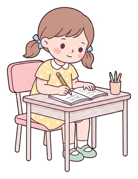 Simple cute flat cartoon illustration with soft pastel colors and thin clean dark outlines of a little girl, child doing homework at a small desk with a pencil, transparent background PNG
