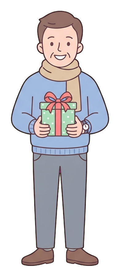Simple cute flat cartoon illustration with soft pastel colors and thin clean dark outlines of a middle-aged man, person happily giving a wrapped christmas present, transparent background PNG