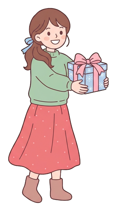 Simple cute flat cartoon illustration with soft pastel colors and thin clean dark outlines of a young woman, person happily giving a wrapped christmas present, transparent background PNG