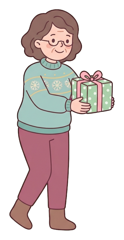 Simple cute flat cartoon illustration with soft pastel colors and thin clean dark outlines of a middle-aged woman, person happily giving a wrapped christmas present, transparent background PNG