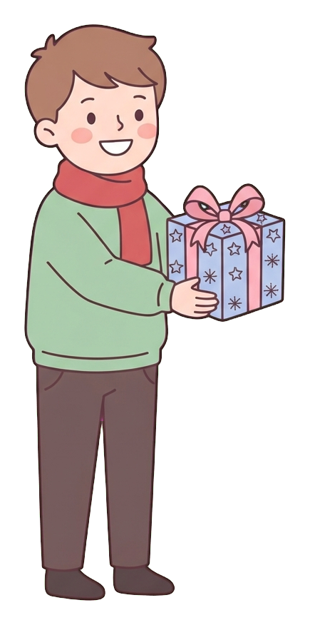 Simple cute flat cartoon illustration with soft pastel colors and thin clean dark outlines of a young man, person happily giving a wrapped christmas present, transparent background PNG